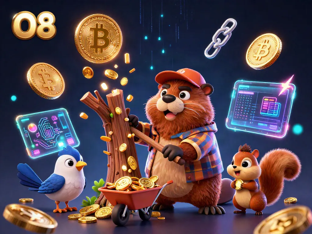 Engage with O8's vibrant casino world, featuring a cartoon beaver collecting coins amidst a frenzy of gaming elements.