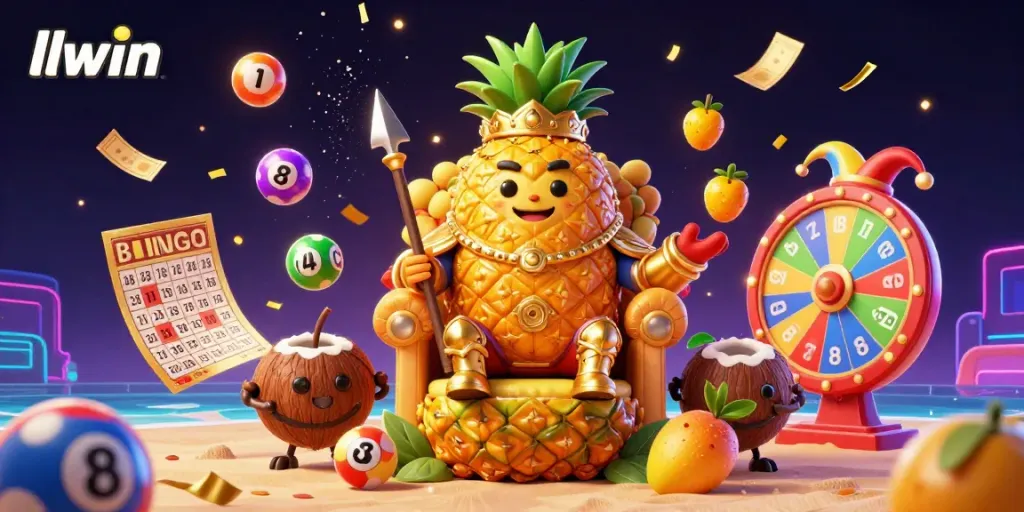 Experience the excitement of llwin with a vibrant 3D casino illustration featuring a golden pineapple king and dynamic game elements.