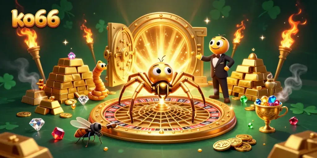 Experience exhilarating betting action at ko66 with this vibrant 3D casino scene featuring a golden spider and centipede croupier.