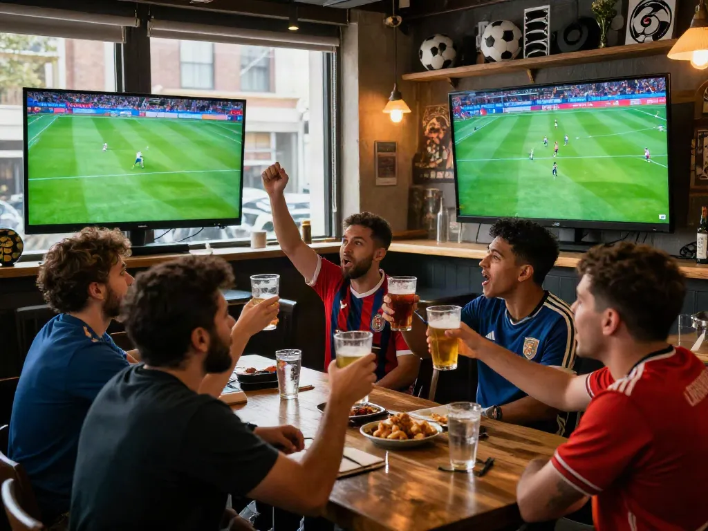 Fans enjoying Gavangtv live soccer broadcast in a lively pub.