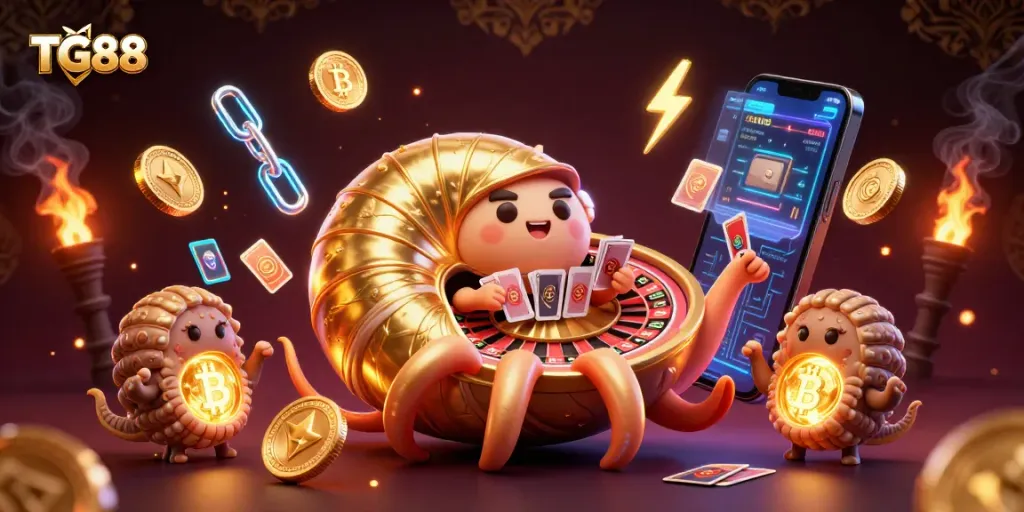 Engage in thrilling games at TG88 with a dynamic 3D casino illustration featuring a nautilus roulette wheel.