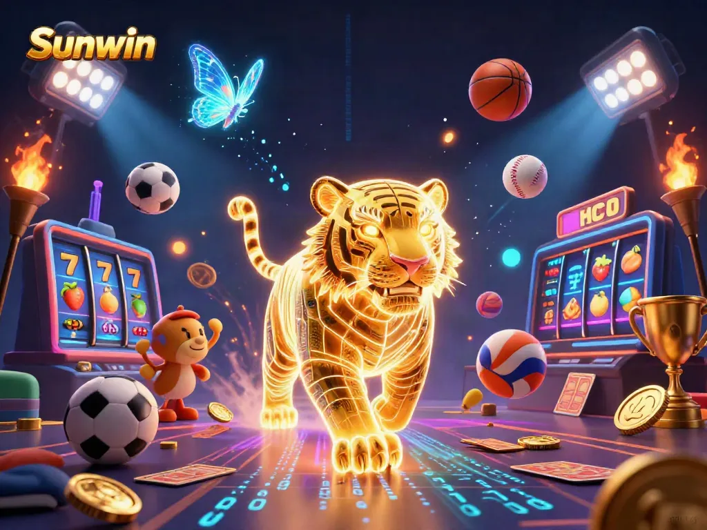 Engaging scene of Sunwin's golden tiger character navigating a vibrant digital casino filled with dynamic game elements.