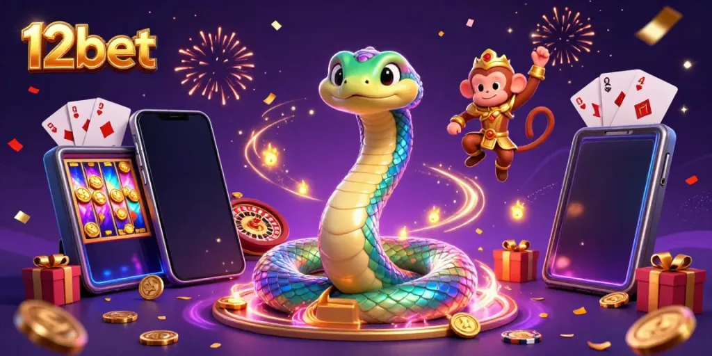 Experience thrilling action with 12bet's dynamic gaming visuals featuring characters, slot games, and casino elements.