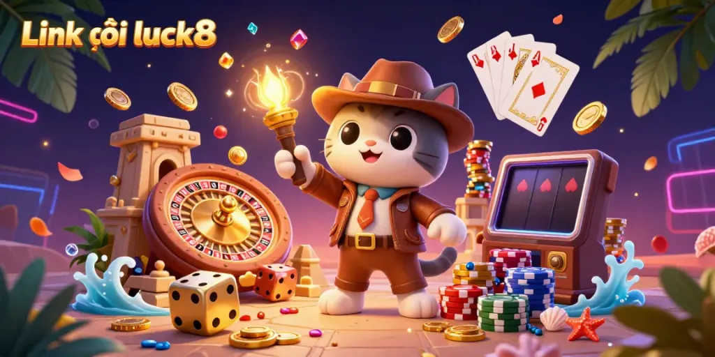 Experience the thrill of the casino with Link vào luck8 as a cartoon cat uncovers treasures in style.