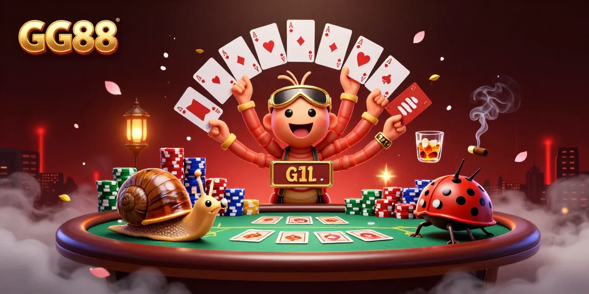 Experience a vibrant GG88 casino scene with a cartoon millipede dealer showcasing cards amidst exciting gameplay