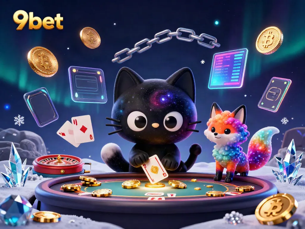 Engage with 9bet's cosmic casino adventure featuring a black hole cat and colorful gas fox.