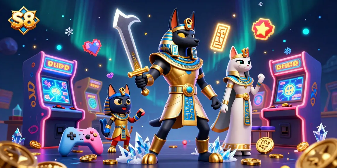 S8 showcases an exhilarating casino scene with Anubis and Bastet amidst vibrant game elements.