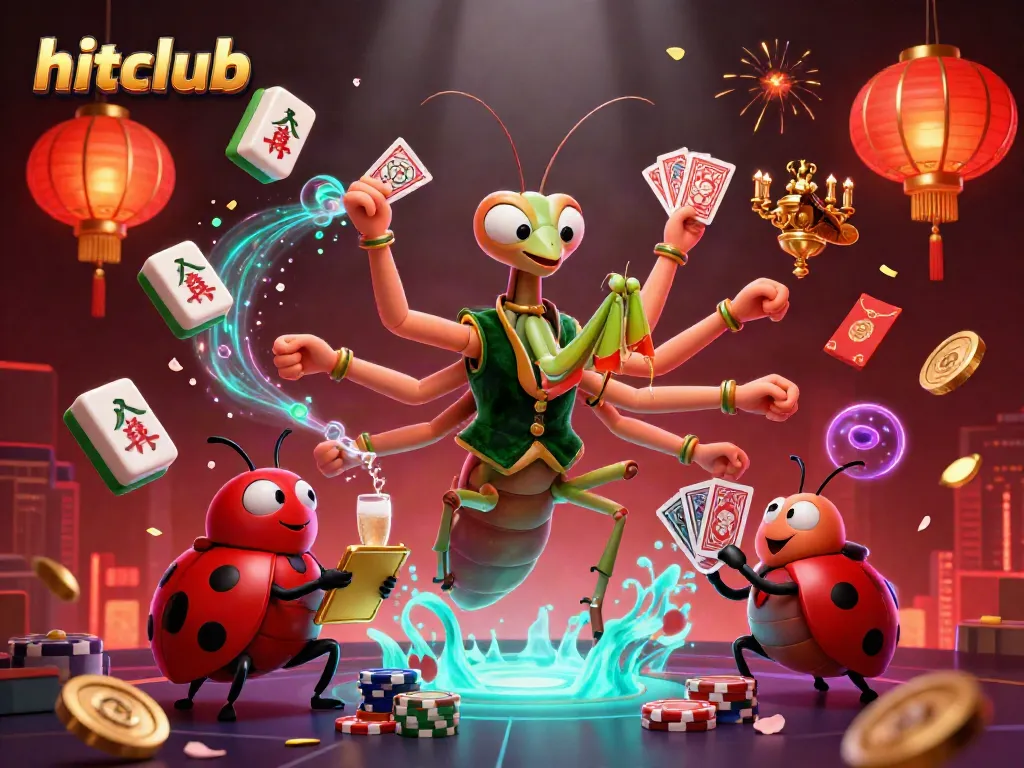 Join the excitement at hitclub with a vibrant casino scene featuring a card sharp mantis and a ladybug pit boss.