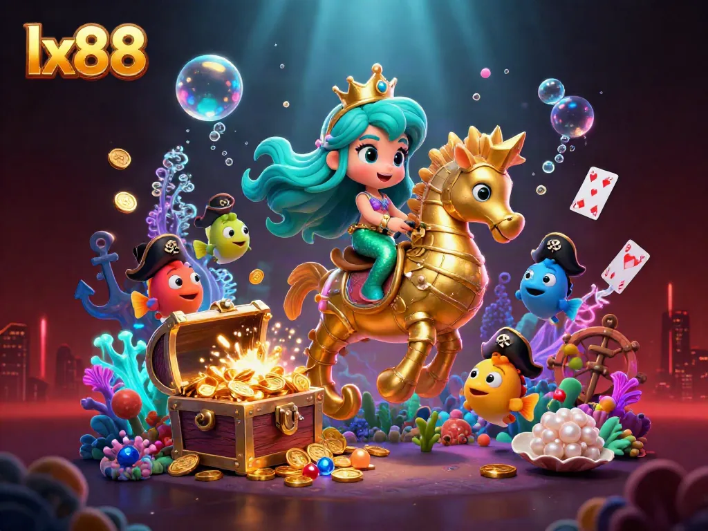 Experience lx88 excitement with a mermaid princess, seahorse, and treasure in a dynamic 3D gambling scene.