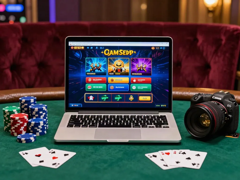 Best non gamstop casinos UK visual showcasing vibrant gaming atmosphere with laptop, poker chips, and cards