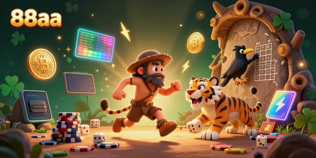 Engage in the thrilling world of 88aa casino with prehistoric characters, glowing crypto coins, and rich details.
