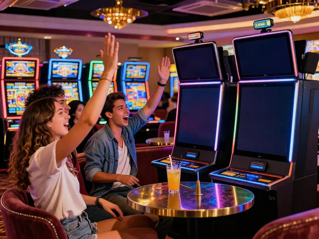 Exciting scene at best non GamStop casinos UK with friends celebrating a win.