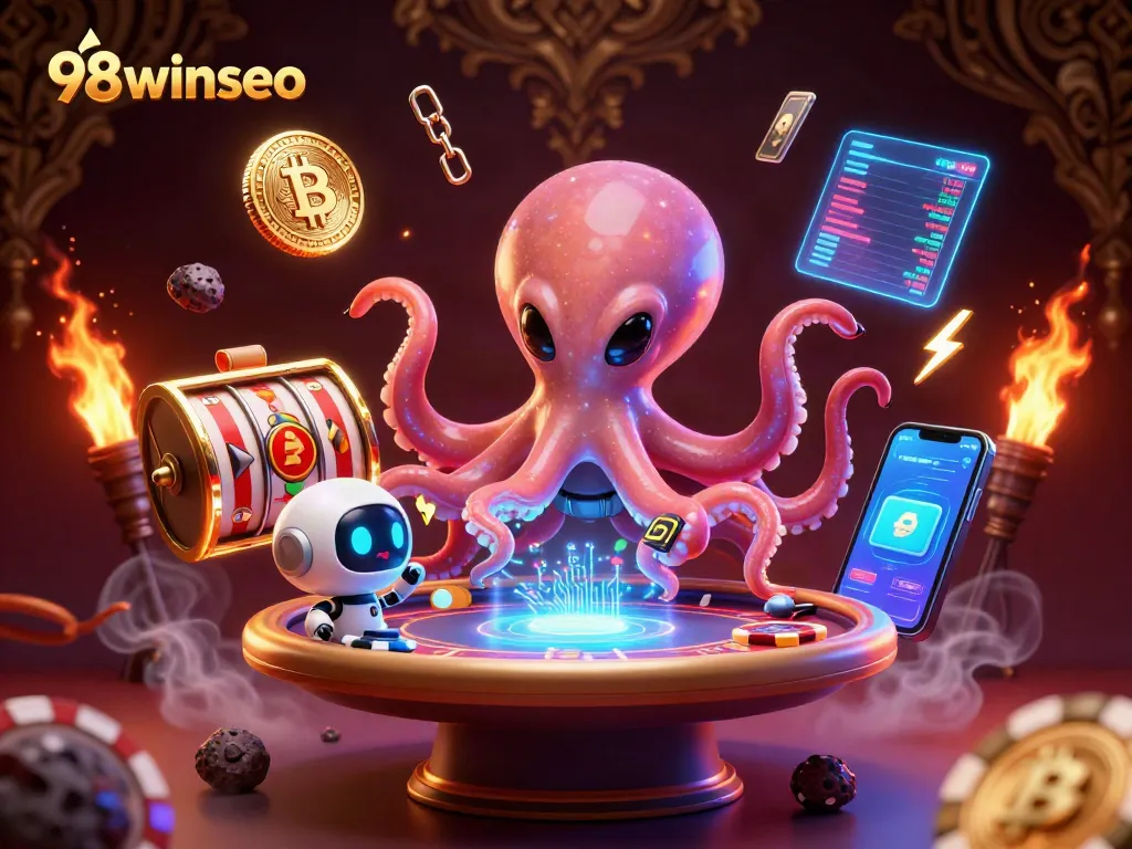 Engage in thrilling poker action at 98winseo with an alien octopus overseeing a vibrant game.