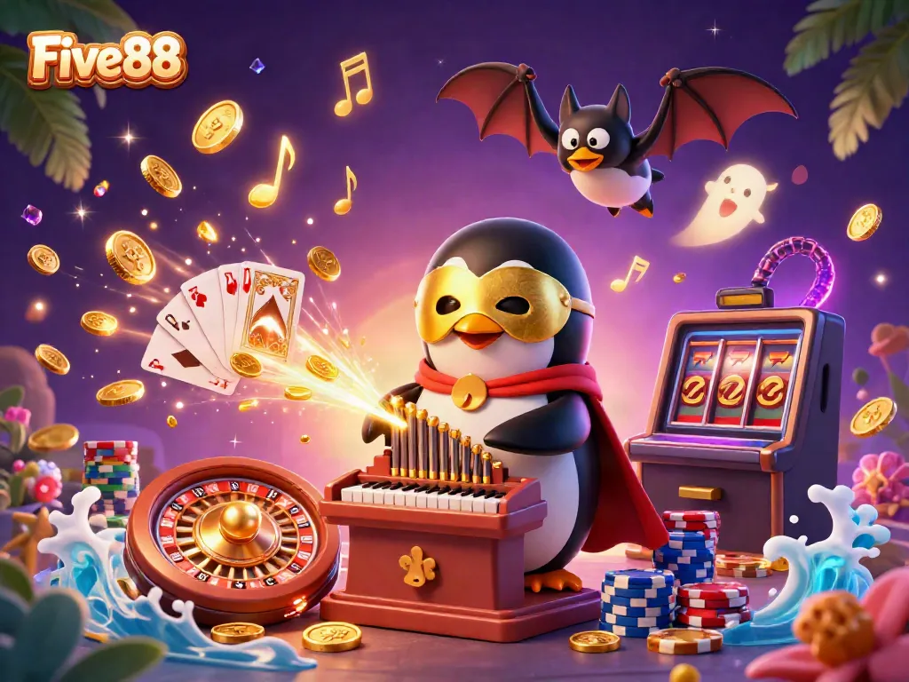 Experience the thrill of Five88 casino with an enchanting penguin character at the center, decorated with vibrant golden coins and shimmering gems.
