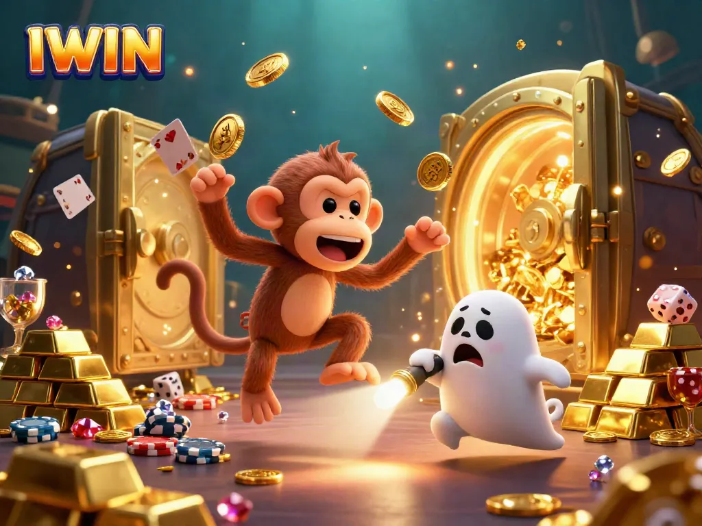 Experience the thrilling IWIN casino world with a playful poltergeist monkey and a curious ghost-hunter puppy in a dazzling treasure scene.