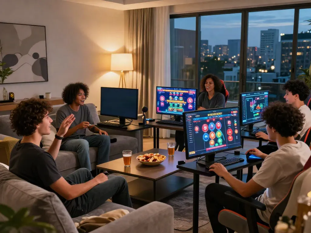 Friends enjoying online gaming together at home, highlighting the best non gamstop casinos uk.
