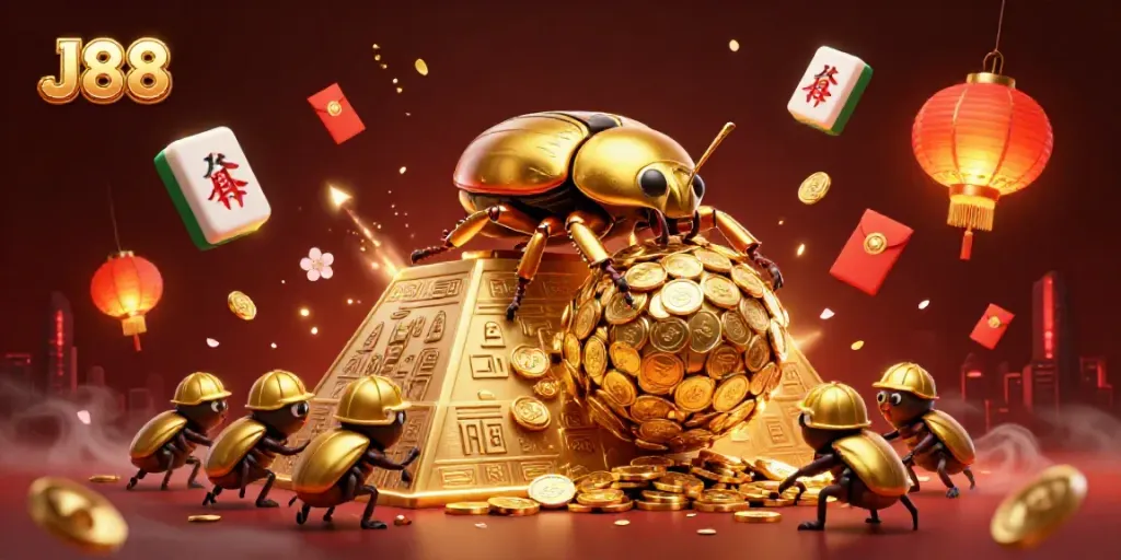 Engage with J88's vibrant casino world represented by a golden beetle rolling coin bundles.