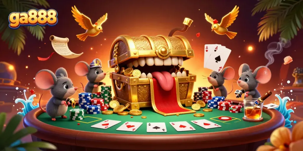 Engaging ga888 casino scene with a treasure chest, poker table, and vibrant game elements.