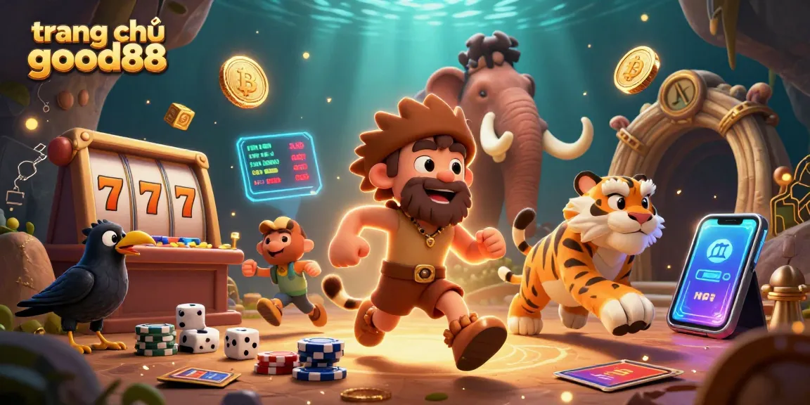 Engage with the vivid world of trang chủ good88, showcasing immersive casino elements like slot reels and crypto coins.