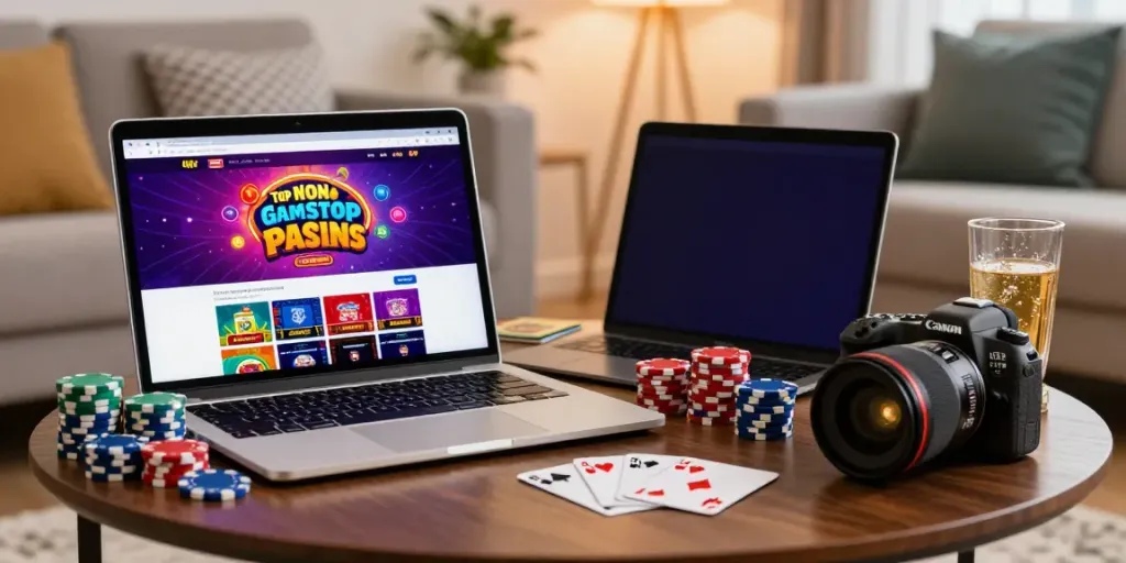 Best non GamStop casinos UK represented in an inviting home gambling scene with online casino games.
