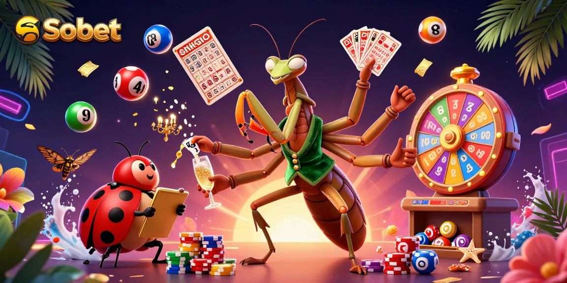 Sbobet betting scene with a giant mantis in a waistcoat, colorful lottery balls, and vibrant casino elements.