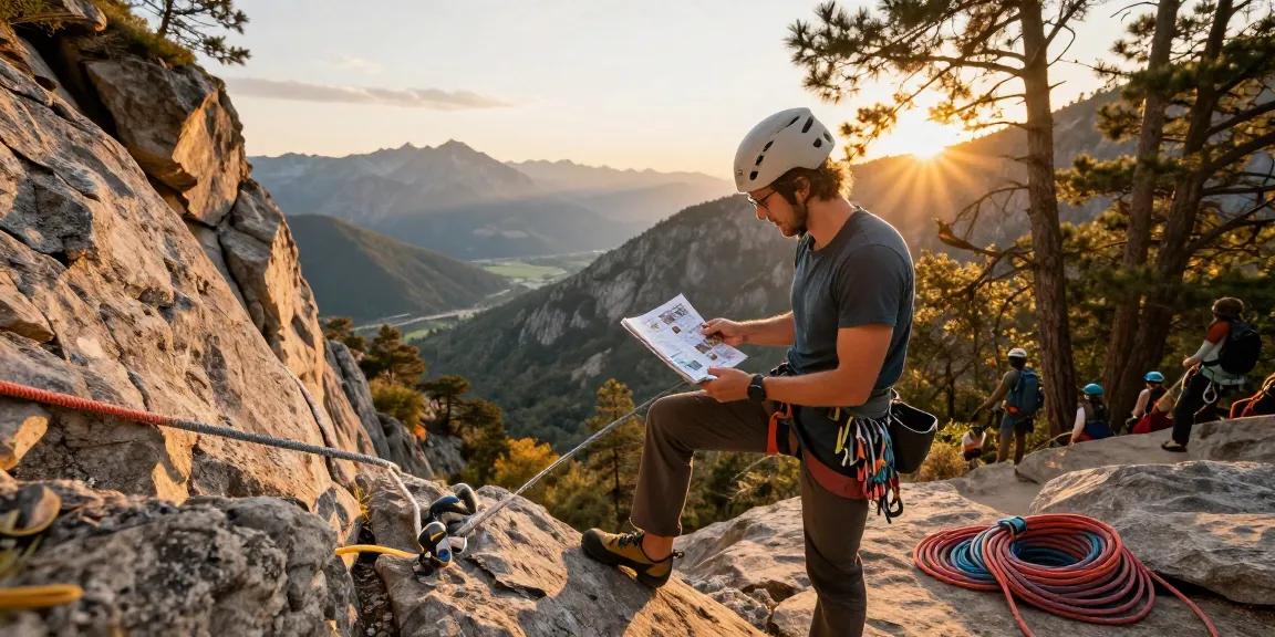 DRAGON222 adventurer preparing for rock climbing with gear at sunset.