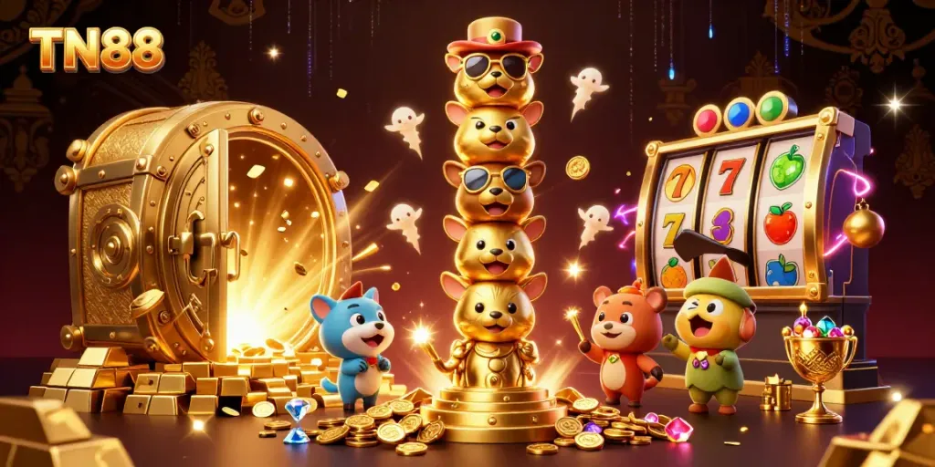 Engage with TN88's vibrant casino scene featuring a dynamic totem pole and dazzling slot elements.