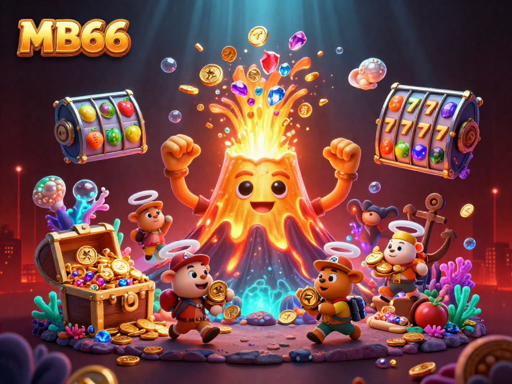 Engage in MB66 with vibrant slot reels amidst a 3D gold eruption and fleeing treasure animals.