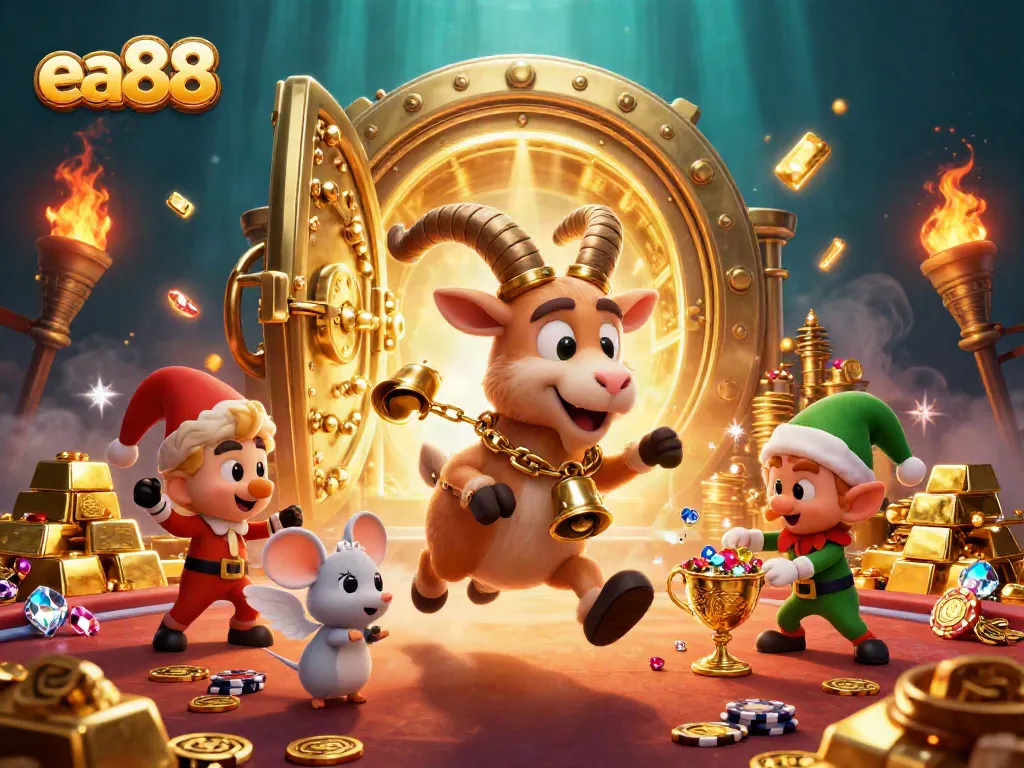Experience thrilling gaming with ea88 in a vibrant holiday-themed casino scene filled with gold and gems.