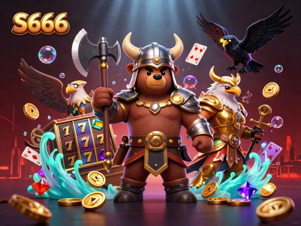 S666 online casino features a Viking berserker and Valkyrie amid dynamic slot gaming action.