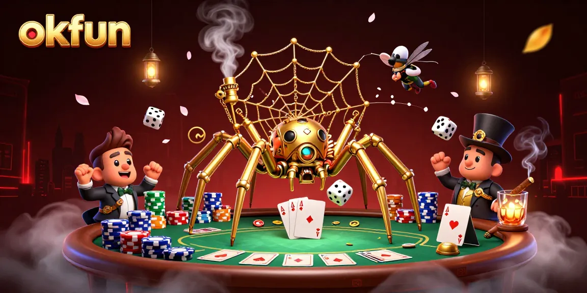 Engage with the thrilling illustration of the okfun casino scene featuring a whimsical spider and poker elements.