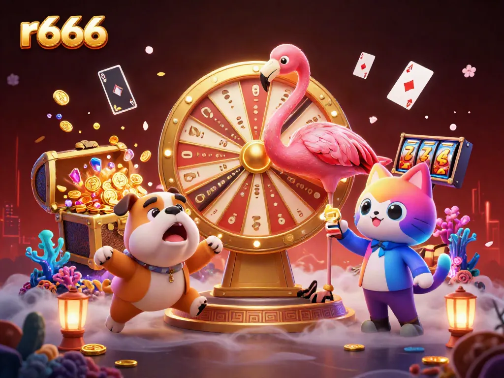 Experience the thrill of gaming with r666 in a vibrant casino-themed illustration showcasing exciting characters and dynamic elements.