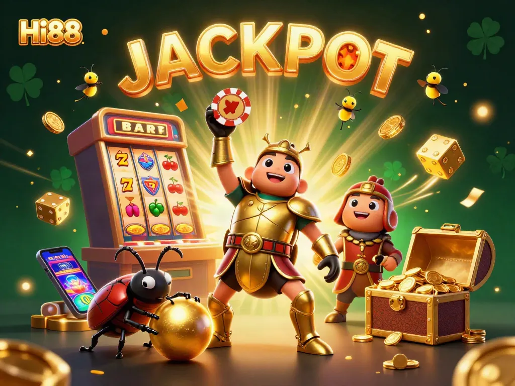 Win big at Hi88 with an epic jackpot scene featuring a heroic beetle and dazzling game elements.