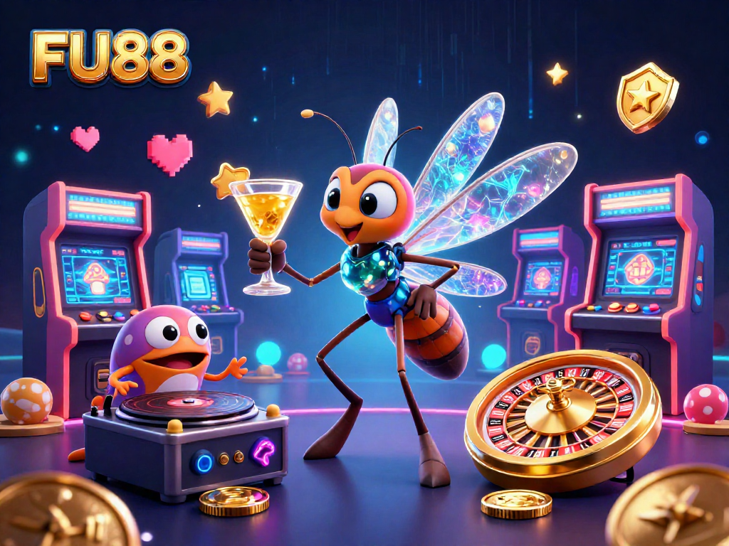 Experience the excitement of FU88 as a lively mascot comes to life holding a golden cocktail surrounded by vibrant arcade elements.