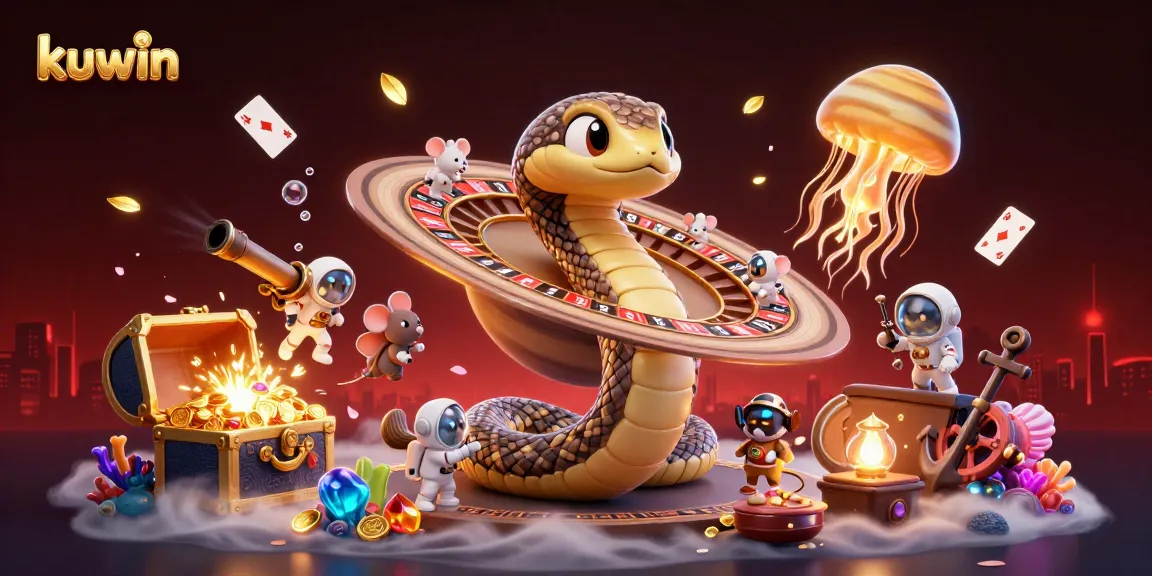 Experience the thrill of kuwin in a vibrant cosmic casino scene with roulette wheels and playful bets.