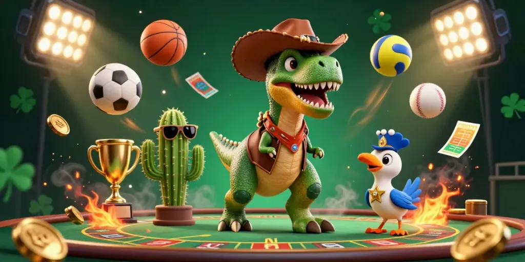 Experience vibrant gambling action with XX88 featuring a dinosaur cowboy and casino elements.