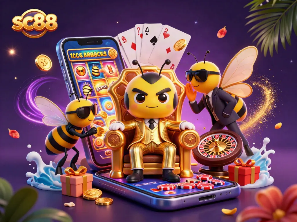 sc88 bumblebee mob boss playing colorful slots surrounded by casino elements.