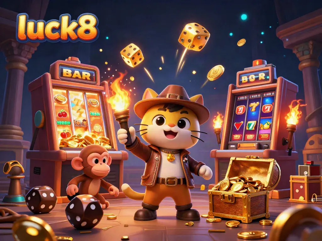 Experience luck8 through an adventurous scene of a cat archaeologist uncovering casino treasures in a vibrant digital temple.