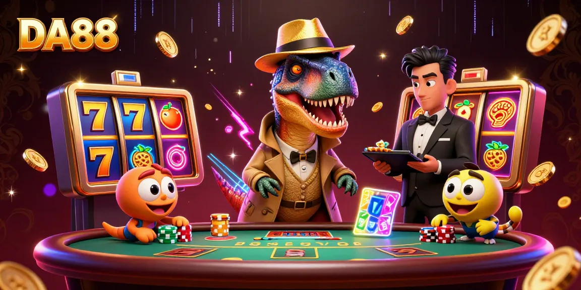 DA88 gaming scene of a velociraptor card counter sneaking at a blackjack table with casino elements