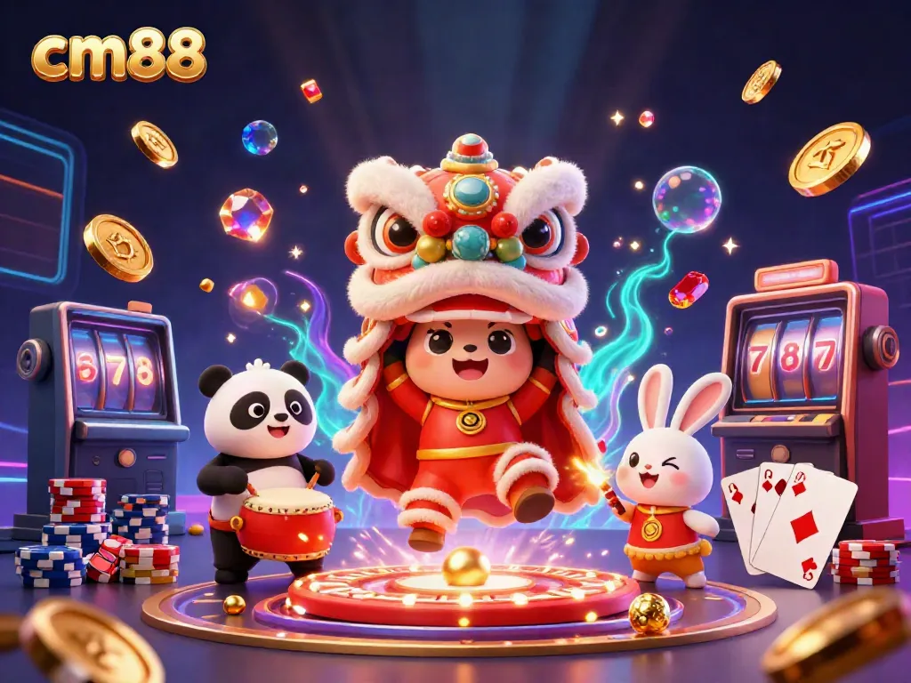 Experience thrilling gaming with cm88 featuring a festive scene of lion dance, coins, and roulette.