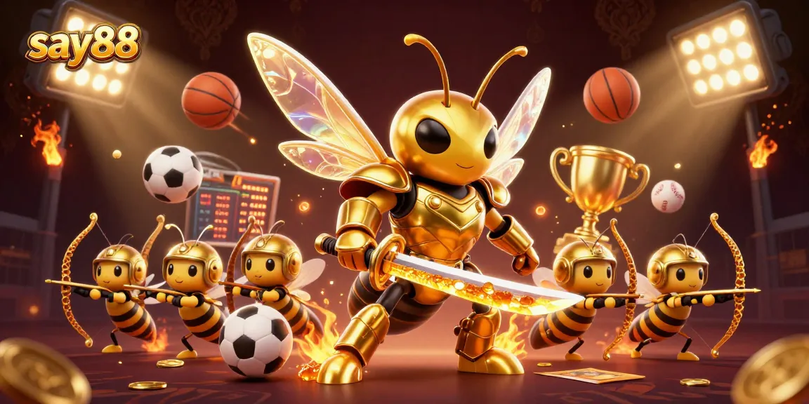 SAY88's vibrant betting action scene features a golden hornet samurai and sports elements.