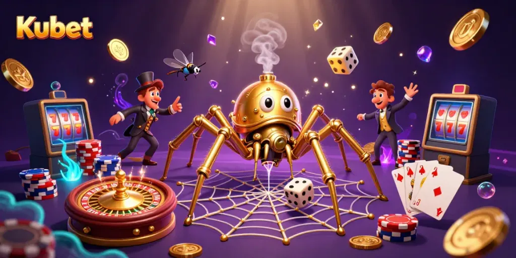 Kubet's steampunk spider captures dice amidst casino icons, showcasing vibrant gambling excitement.