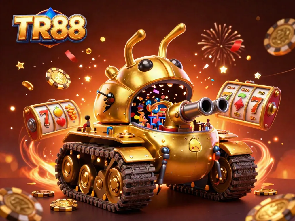 Experience the excitement of TR88 with a vibrant 3D casino illustration showcasing dynamic slot machines and festive elements.