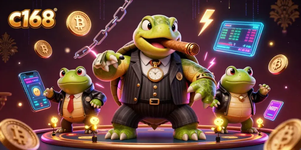 C168 game strategies featuring a vintage mobster turtle and bullfrog enforcers in a vibrant casino scene.