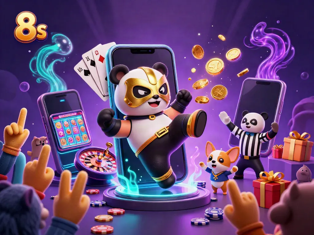 The 8s-themed scene shows a flying panda wrestler with animal spectators celebrating exciting wins in a casino.