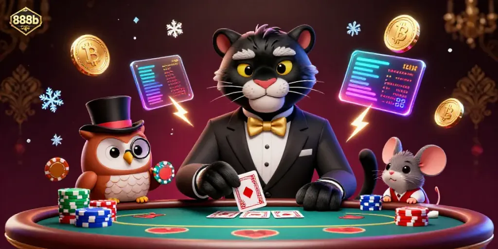Engage in thrilling gameplay with 888b in a vibrant casino scene featuring a stylish panther and poker elements.