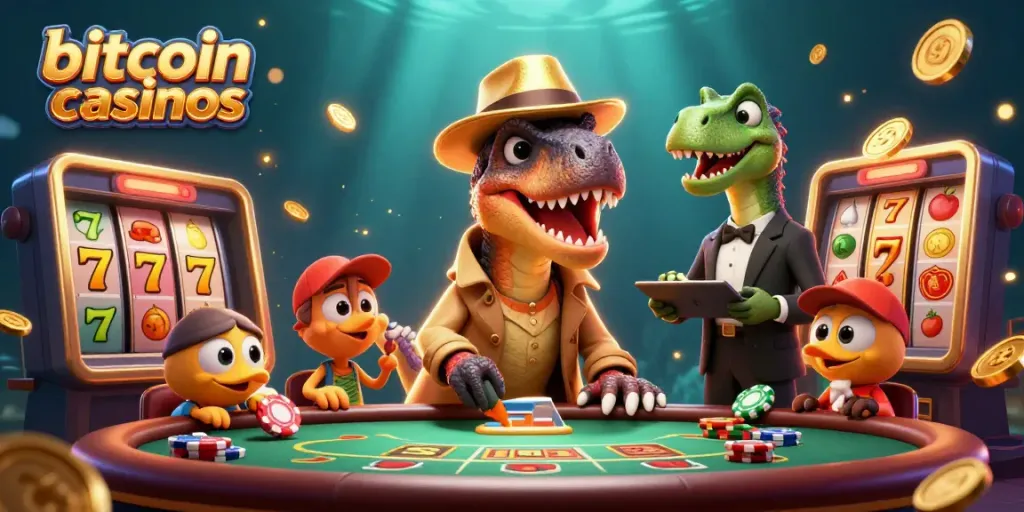 Engage in thrilling bitcoin casinos with unique characters playing blackjack and slots.