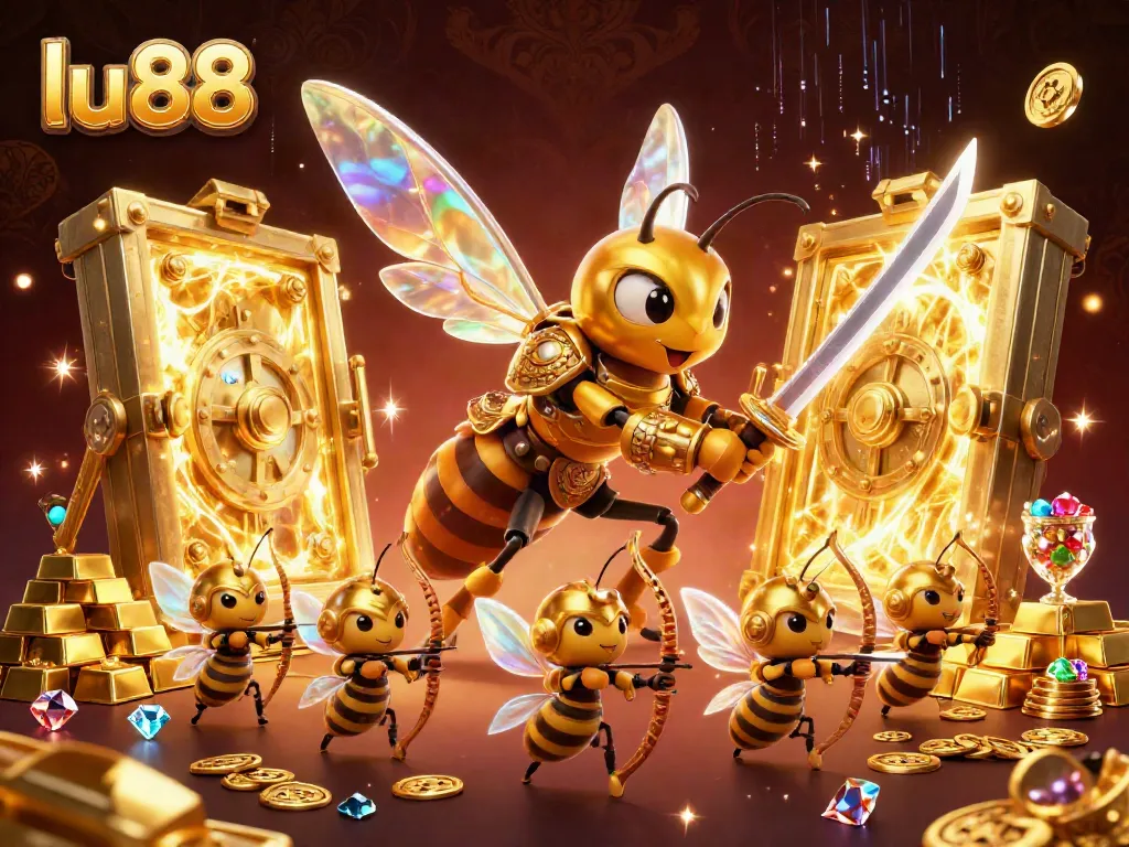 Experience excitement at lu88 with a giant hornet and treasure in a captivating 3D casino scene.