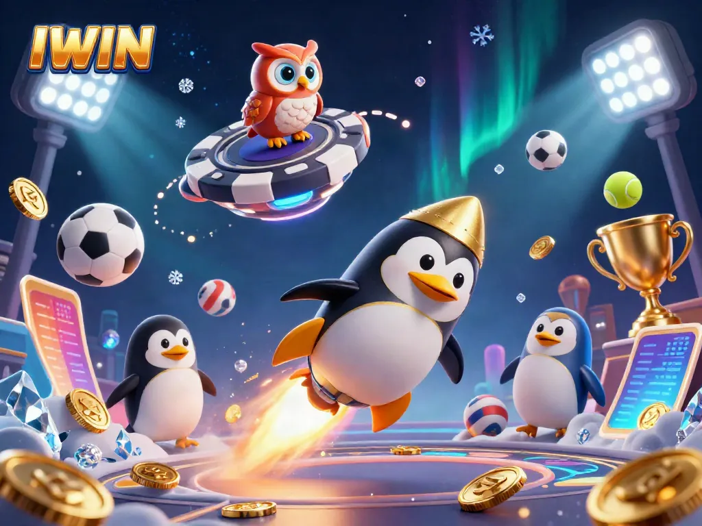 Engage in thrilling IWIN gaming with a dynamic scene of a rocket-powered penguin and casino elements.