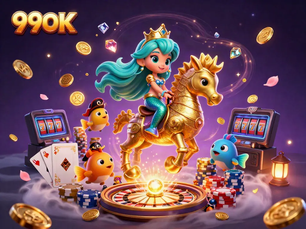 Experience 99OK’s vibrant casino world with a mermaid princess and golden seahorse, surrounded by treasure.